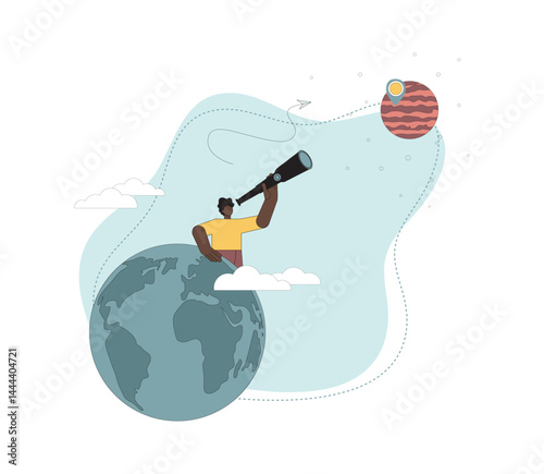 Space exploration. Colonization of Mars. A man looks at the red planet through a spyglass.eps