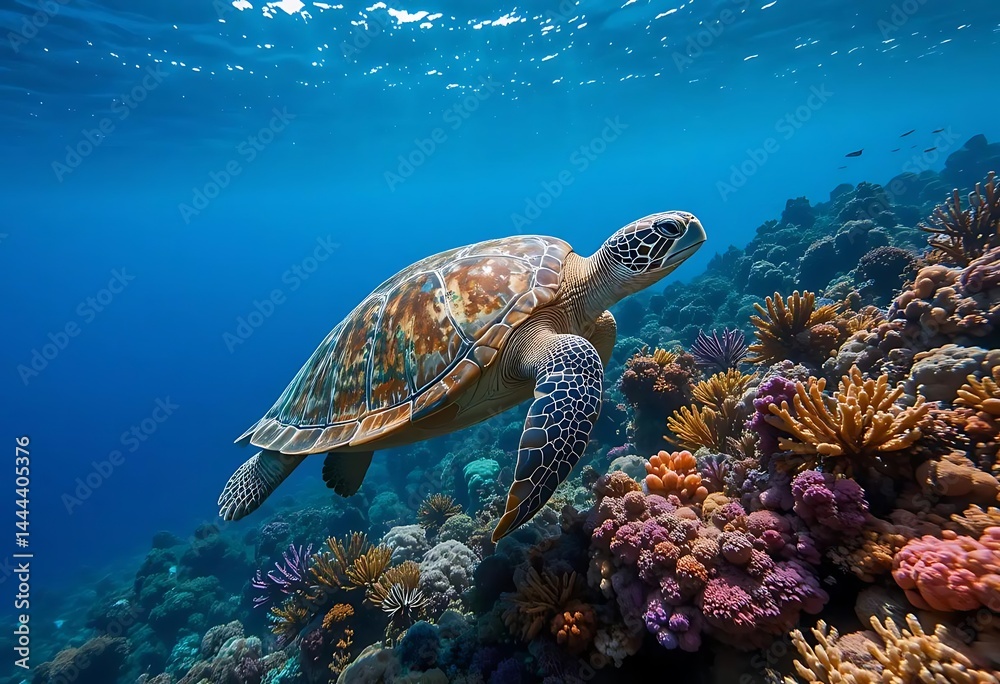 Fototapeta premium Sea Turtle Swimming Near a Colorful Coral Reef in Deep Blue Ocean