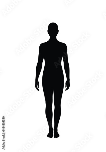 Body silhouette. This image presents a bold black outline of a human figure standing upright, also referred to as a person or form, in a minimalistic style. Vector clipart illustration design.