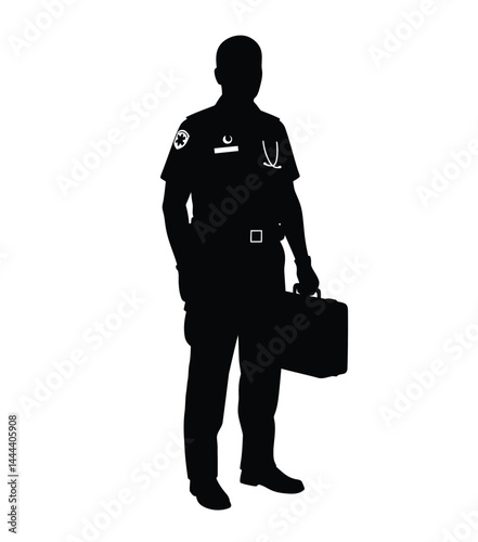 Paramedic silhouette. This image showcases a bold black silhouette of a paramedic, also referred to as an EMT or first responder, holding medical equipment. Vector clipart illustration design.