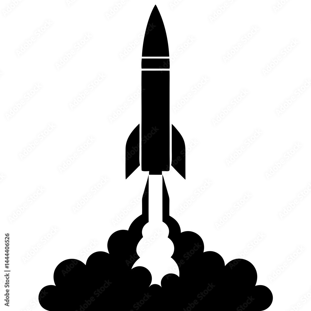 Fototapeta premium Silhouette of a rocket launching with smoke clouds and exhaust on a launch pad
