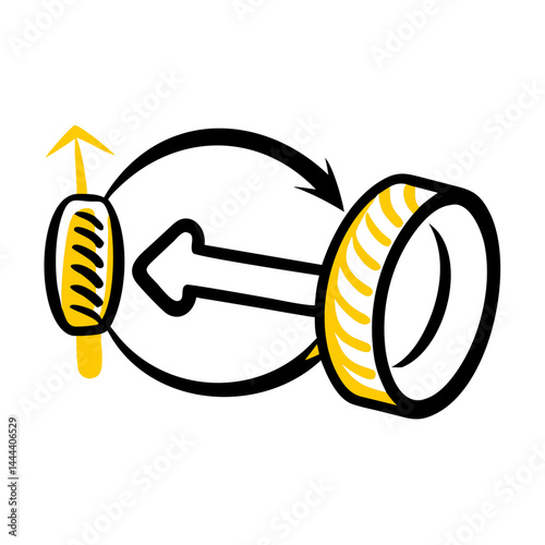 Stylized icon of a gear mechanism with arrows representing movement and function, simple design