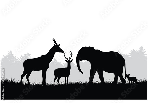 Forest animal silhouette. This image showcases various forest animals, including an antelope, deer, elephant, and fox, set against a natural forest background. Vector clipart illustration design.