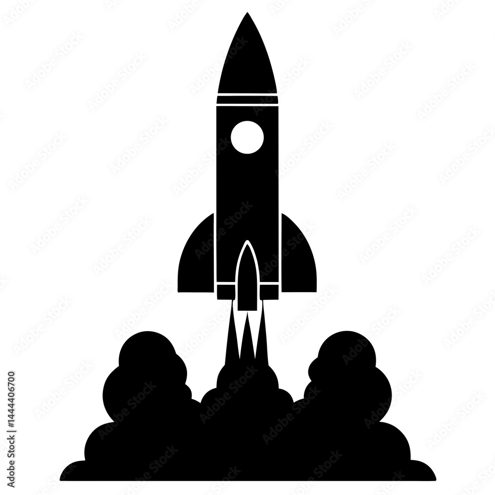 Fototapeta premium Silhouette of a rocket launching with smoke clouds and exhaust on a launch pad