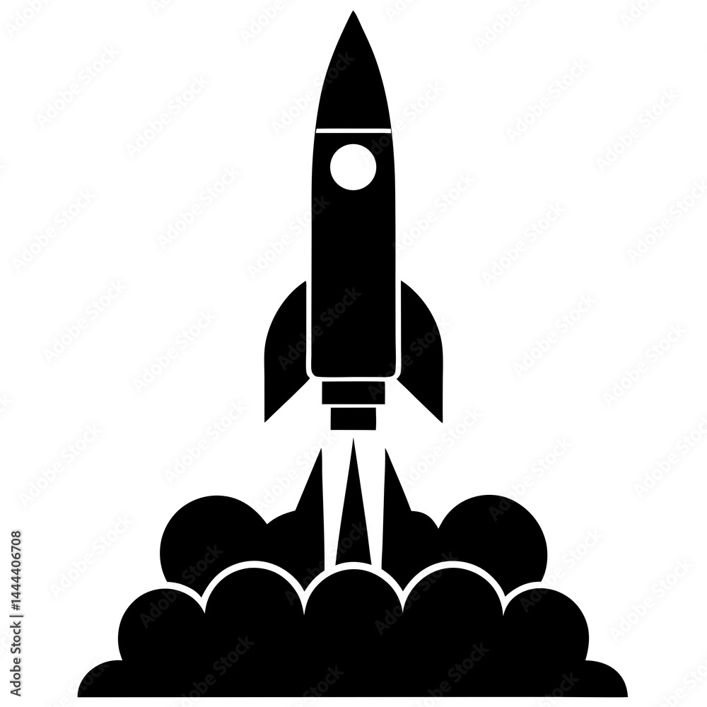 Fototapeta premium Silhouette of a rocket launching with smoke clouds and exhaust on a launch pad
