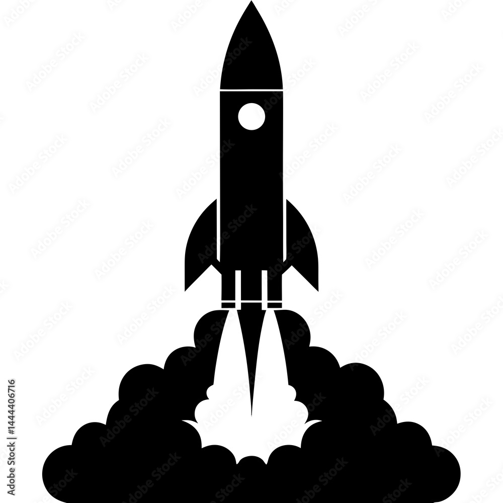 Fototapeta premium Silhouette of a rocket launching with smoke clouds and exhaust on a launch pad