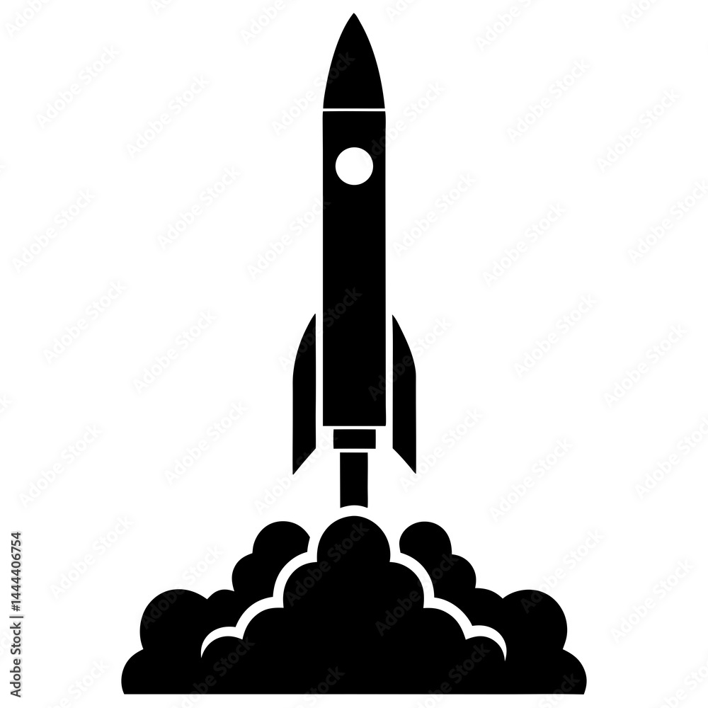 Fototapeta premium Silhouette of a rocket launching with smoke clouds and exhaust on a launch pad