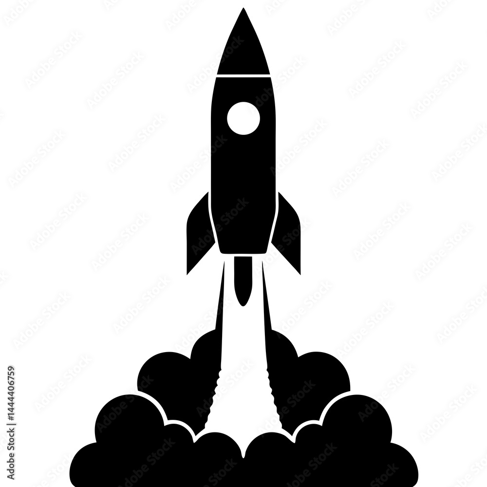 Fototapeta premium Silhouette of a rocket launching with smoke clouds and exhaust on a launch pad