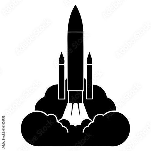 Silhouette of a rocket launching with smoke clouds and exhaust on a launch pad