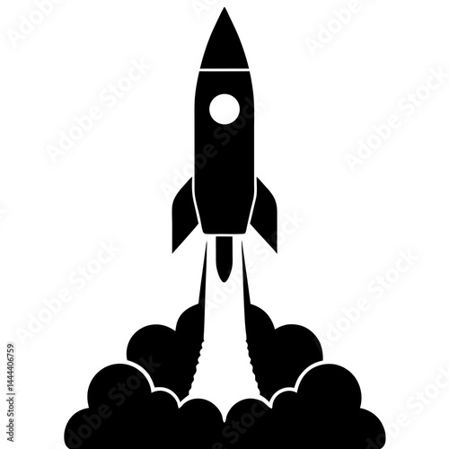 Silhouette of a rocket launching with smoke clouds and exhaust on a launch pad