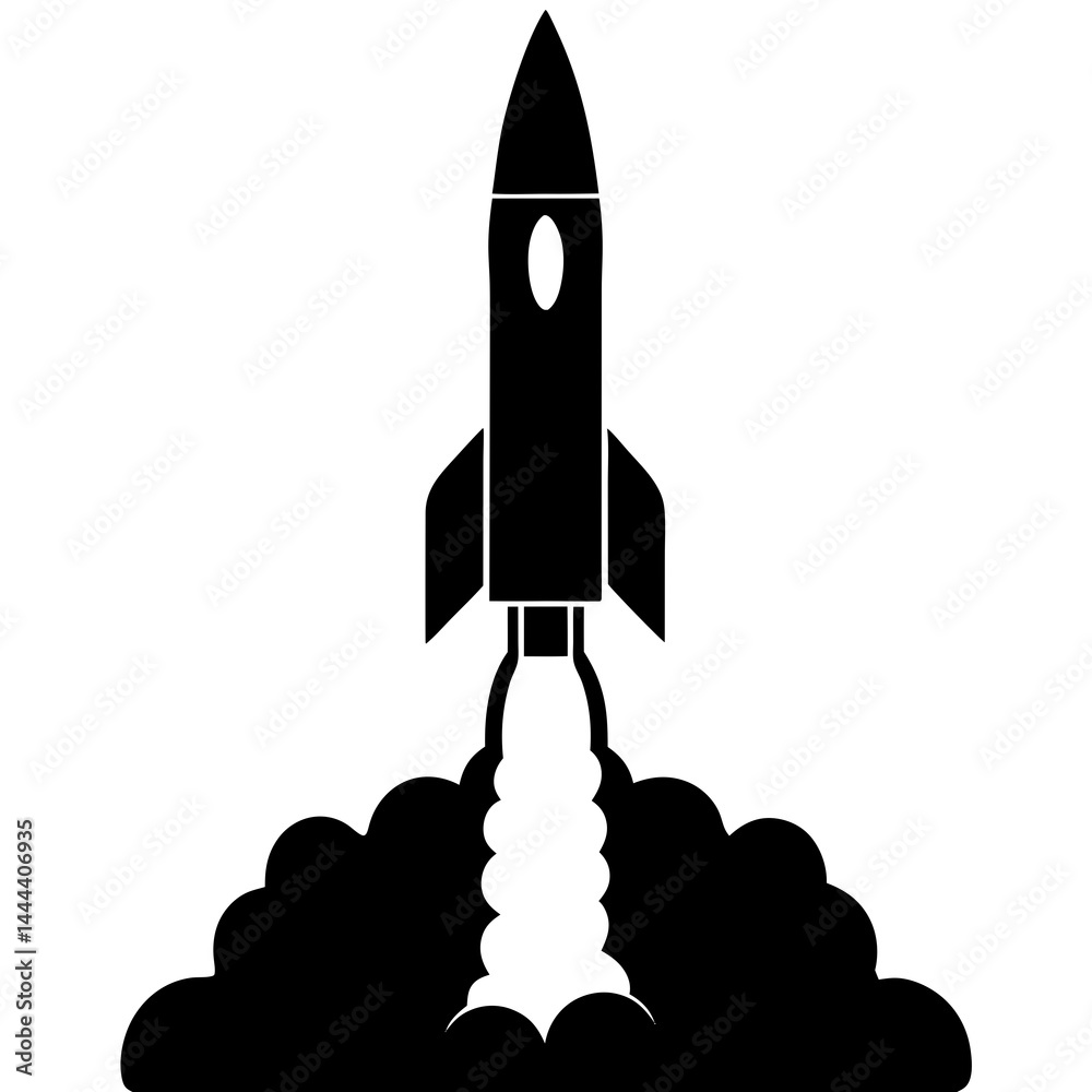 Fototapeta premium Silhouette of a rocket launching with smoke clouds and exhaust on a launch pad