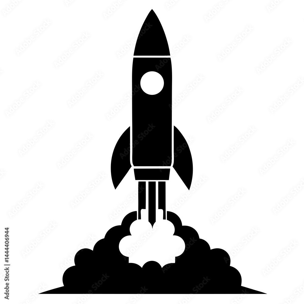 Fototapeta premium Silhouette of a rocket launching with smoke clouds and exhaust on a launch pad