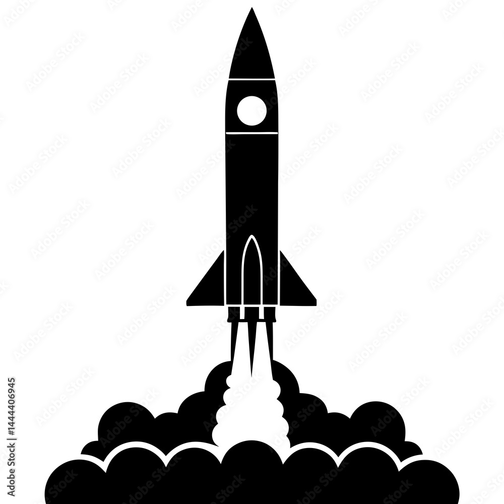 Fototapeta premium Silhouette of a rocket launching with smoke clouds and exhaust on a launch pad
