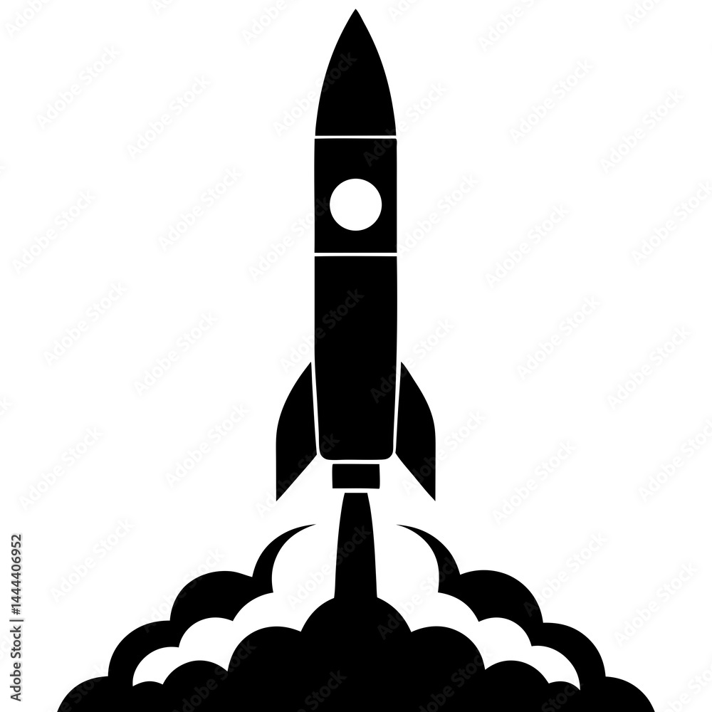 Fototapeta premium Silhouette of a rocket launching with smoke clouds and exhaust on a launch pad