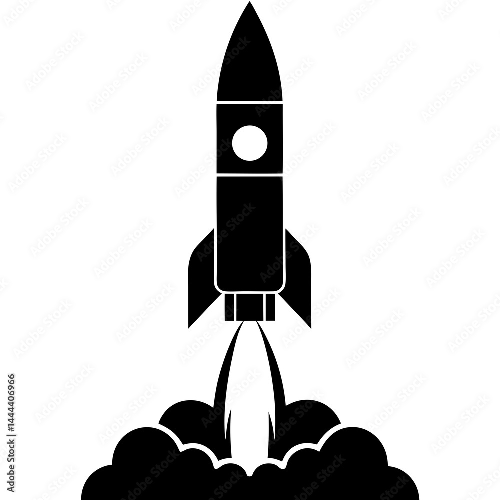 Fototapeta premium Silhouette of a rocket launching with smoke clouds and exhaust on a launch pad