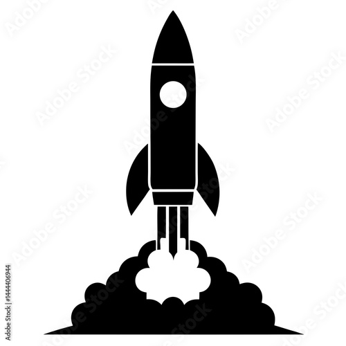 Silhouette of a rocket launching with smoke clouds and exhaust on a launch pad