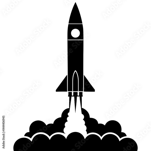 Silhouette of a rocket launching with smoke clouds and exhaust on a launch pad