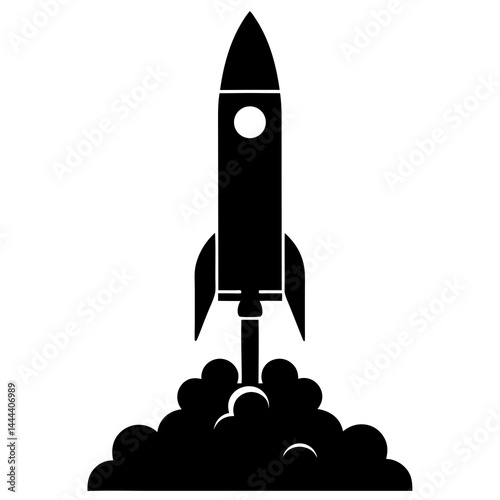 Silhouette of a rocket launching with smoke clouds and exhaust on a launch pad