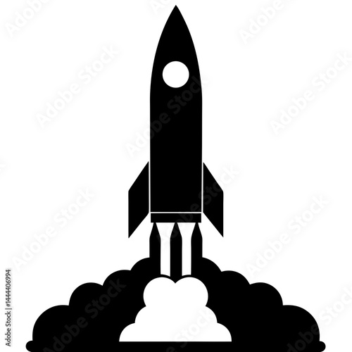 Silhouette of a rocket launching with smoke clouds and exhaust on a launch pad