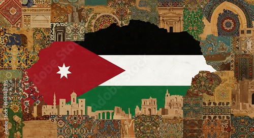 Flag Art with Traditional Designs and Buildings