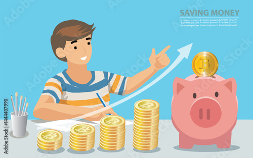 A man saving Bitcoin and investment concept with piggy coin bank