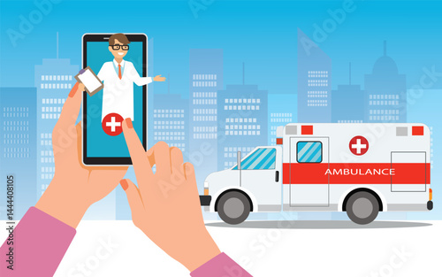 Call ambulance car via mobile phone. Emergency clinic vehicle. Smartphone with doctor and medical van. Health care, hospital and medical diagnostics. Urgency services. Flat vector illustration