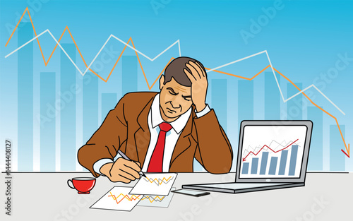 Stressful day at the office.businessman holding hands on his face while sitting at the desk in creative office. Stock Exchange Trading Forex Finance Graphic Concept.