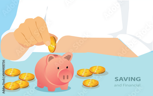 Hand holding coin with pig piggy bank. Saving and financial accounts concept. vector, illustration