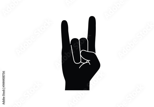 Rock hand silhouette. This image showcases a bold black silhouette of a hand making the "rock on" gesture, symbolizing music and attitude. Vector clipart illustration design.