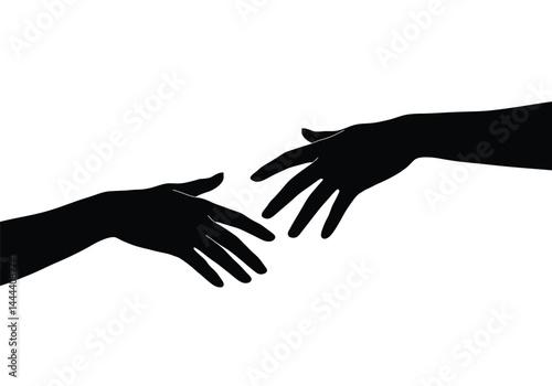 Reaching hand silhouette. This image showcases bold black silhouettes of two hands reaching towards each other, symbolizing interaction and support. Vector clipart illustration design.