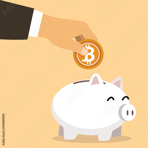Piggy bank, hand holds golden bitcoin coin virtual money. Cryptocurrency and saving concept. vector,illustration