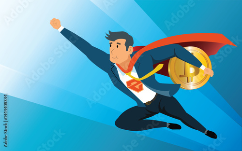 Bitcoin trader superhero. Flying super hero businessman holding bitcoin. Crypto currency success concept. Vector illustration