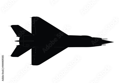 Mig-21 silhouette. This image showcases a bold black silhouette of a MiG-21 aircraft, also referred to as a fighter jet or interceptor, symbolizing speed and power. Vector clipart illustration design.