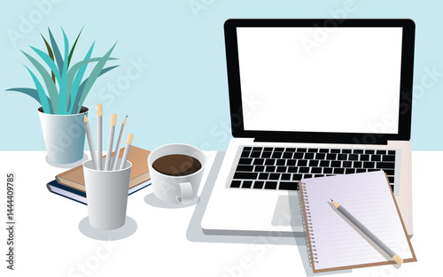 Minimal work space - flat lay view of office desk workspace desk with laptop, notebook and coffee mug, supplies and coffee cup. with copy space .