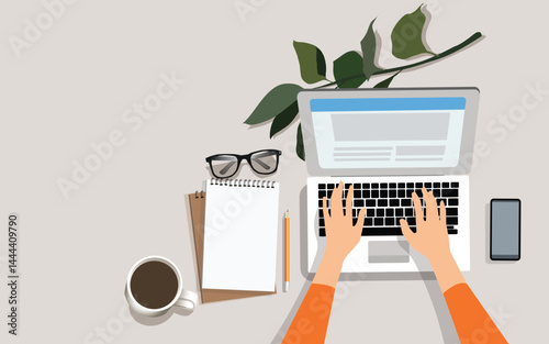 woman hand using laptop with copy space of white working table with lnote book, pencil, smartphone, cup of coffee and eye glasses. work space concept