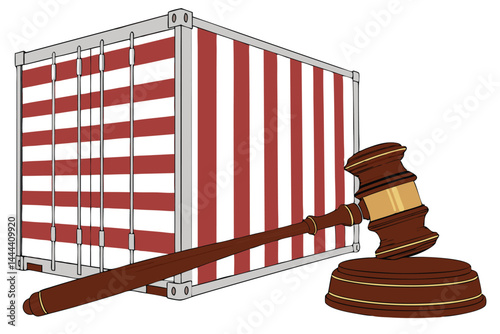46 Wooden judge's gavel, shipping container, legal concept, international trade law, 3D render, red and white stripes, photorealistic, high detail, dramatic lighting, symbolic composition, commercial 