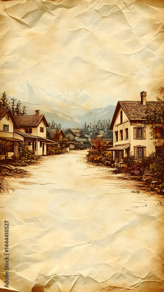 Fototapeta premium A vintage street with houses trees and mountains in the background on an aged paper texture