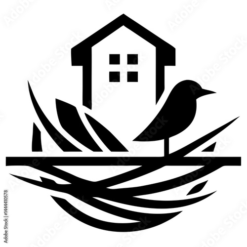 Real Estate Branding Logo with Abstract Bird Nest and Building Symbol in Minimal Design on Transparent Background PNG Vector Illustration