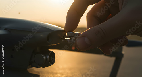 Preparing a Drone for Flight with Hand Adjusting in Golden Sunset Light photo