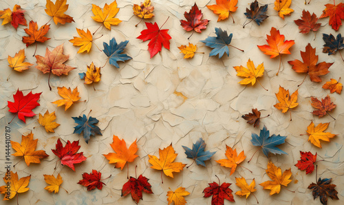 Colorful autumn leaves arranged on textured background for seasonal decoration.
