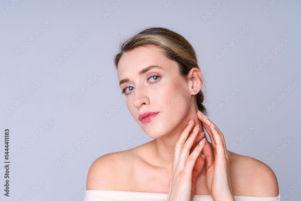 A woman with well-groomed skin demonstrates the result of aesthetic procedures such as skin care, non-injection rejuvenation, and cosmetic massage