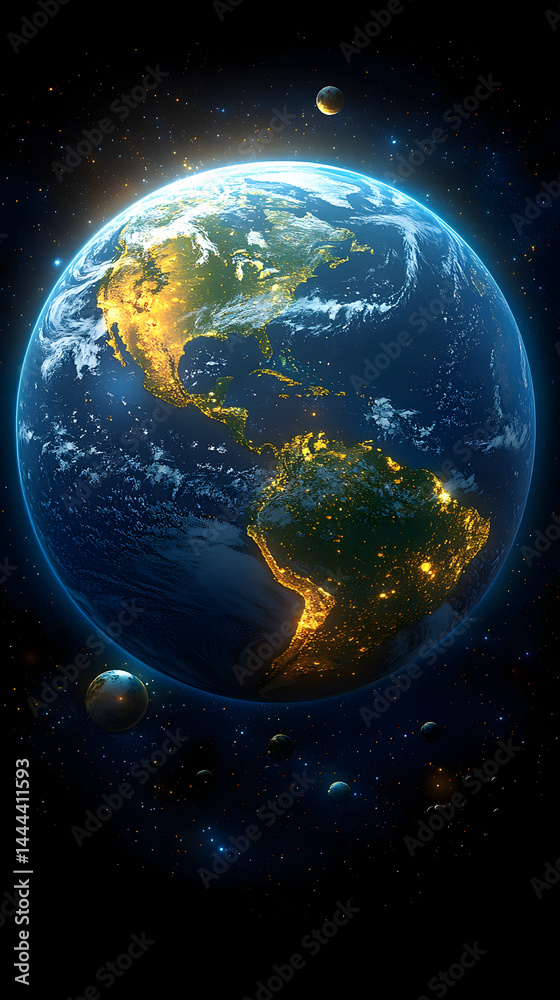 Fototapeta premium Planet Earth with the Americas visible from space surrounded by several moons and stars