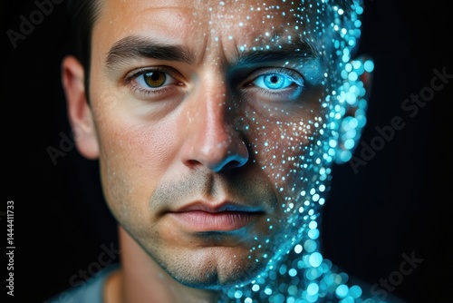 Cybernetic human portrait with digital interface and futuristic augmented reality elements