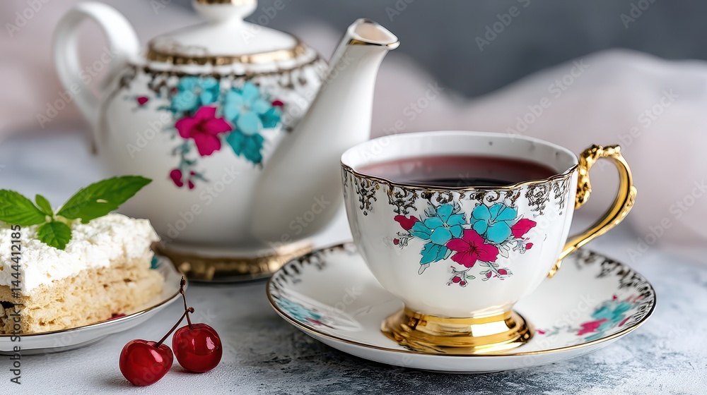 Fototapeta premium Elegant Rustic Tea Set with Teapot and Cup Displaying Beautiful Floral Design, Accompanied by Cake and Cherries on a Soft Focus Background