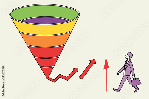 48 Colorful funnel diagram, vibrant gradient, 3D marketing funnel, green yellow orange red layers, purple top and bottom, inverted pyramid shape, sales conversion visualization, geometric business con