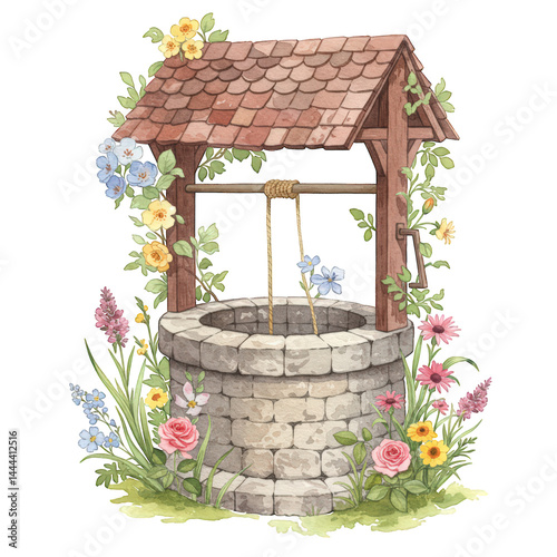 Watercolor Wishing Well Surrounded by Flowers, cottage core pastel, isolated on transparent background.