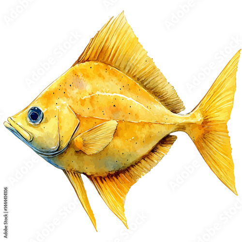 Flounder Camouflaging With The Ocean Floor, vector watercolor illustration, isolated on a white background.