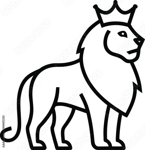 Regal lion with a majestic crown depicted in continuous line art style exuding strength royalty and elegance for noble animal design or powerful branding