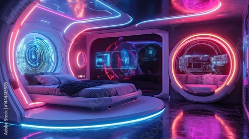 A futuristic space station-themed room shaped with curved metallic furniture