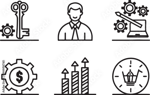 Set of 6 outline icons related to business management. Linear icon collection. Editable stroke line art. Vector illustration.